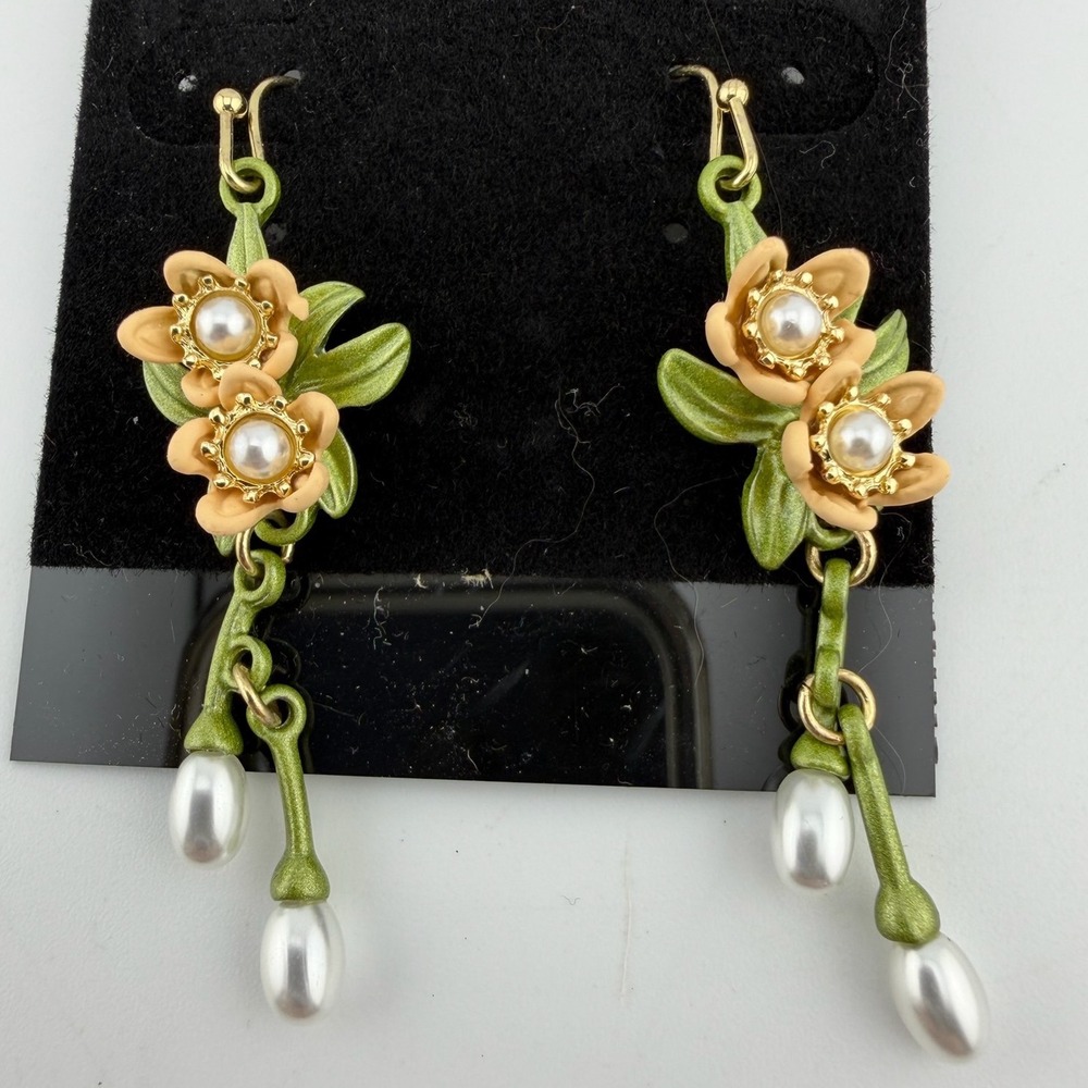 Vintage Floral Drop Earrings Green Peach Excellent Enamel Faux Pearl Dangle